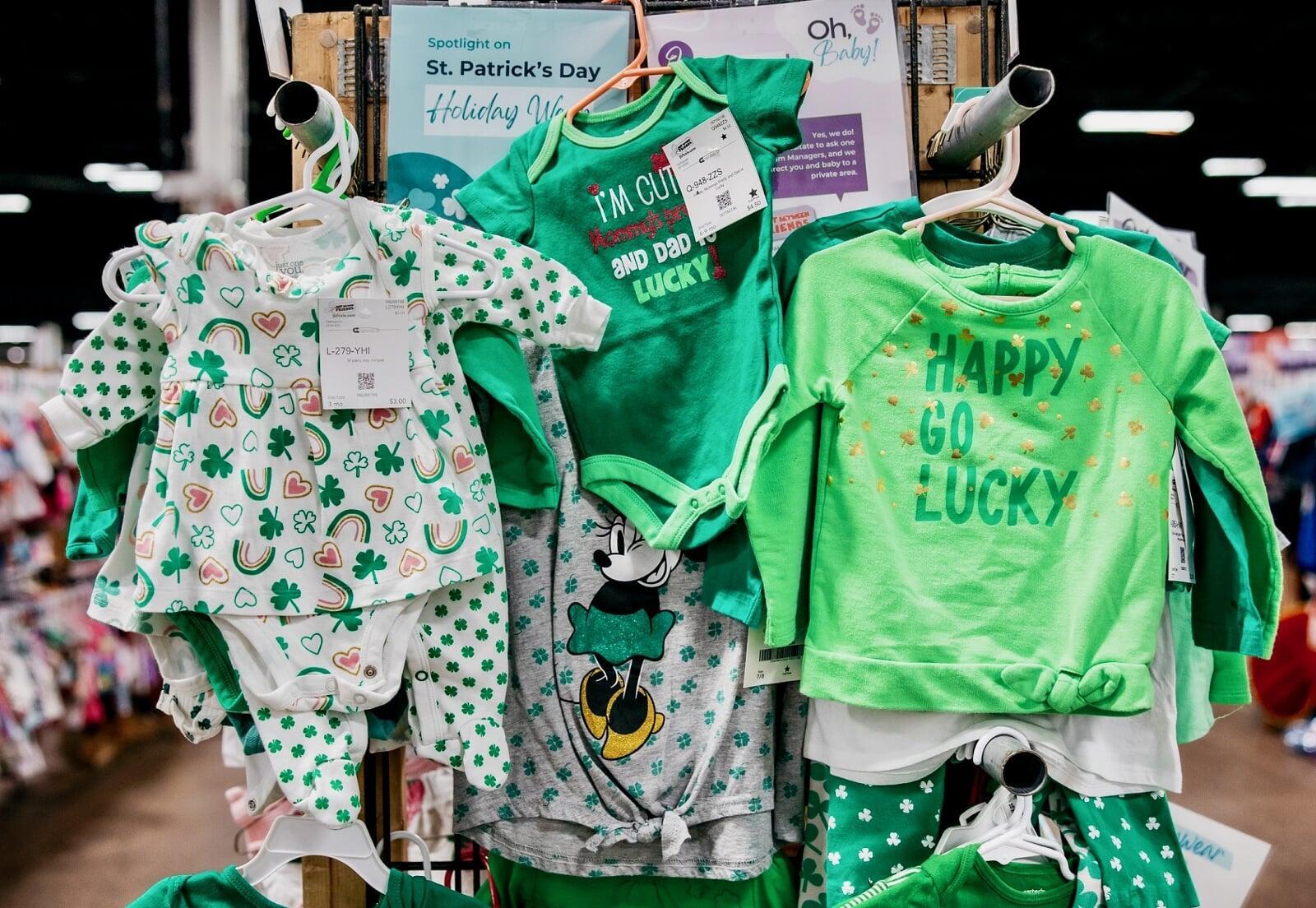 St Patricks Day childrens clothing hanging at the end of a clothing rack
