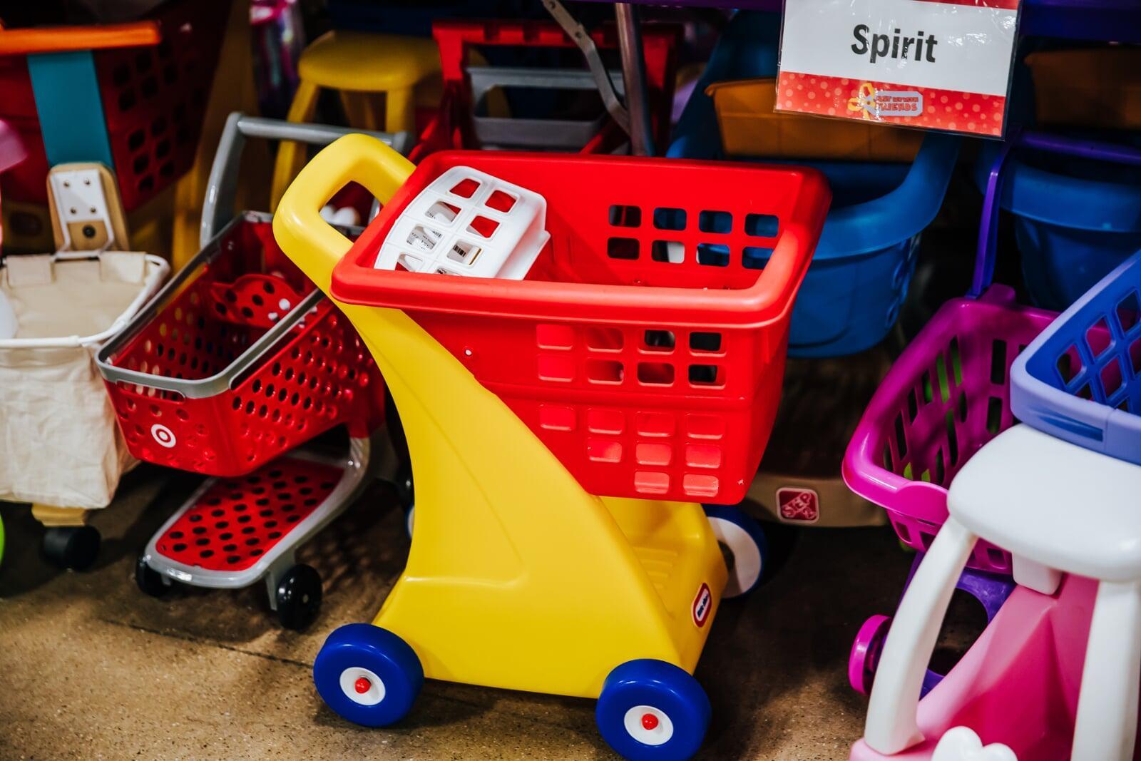 Toy shopping carts on the sales floor
