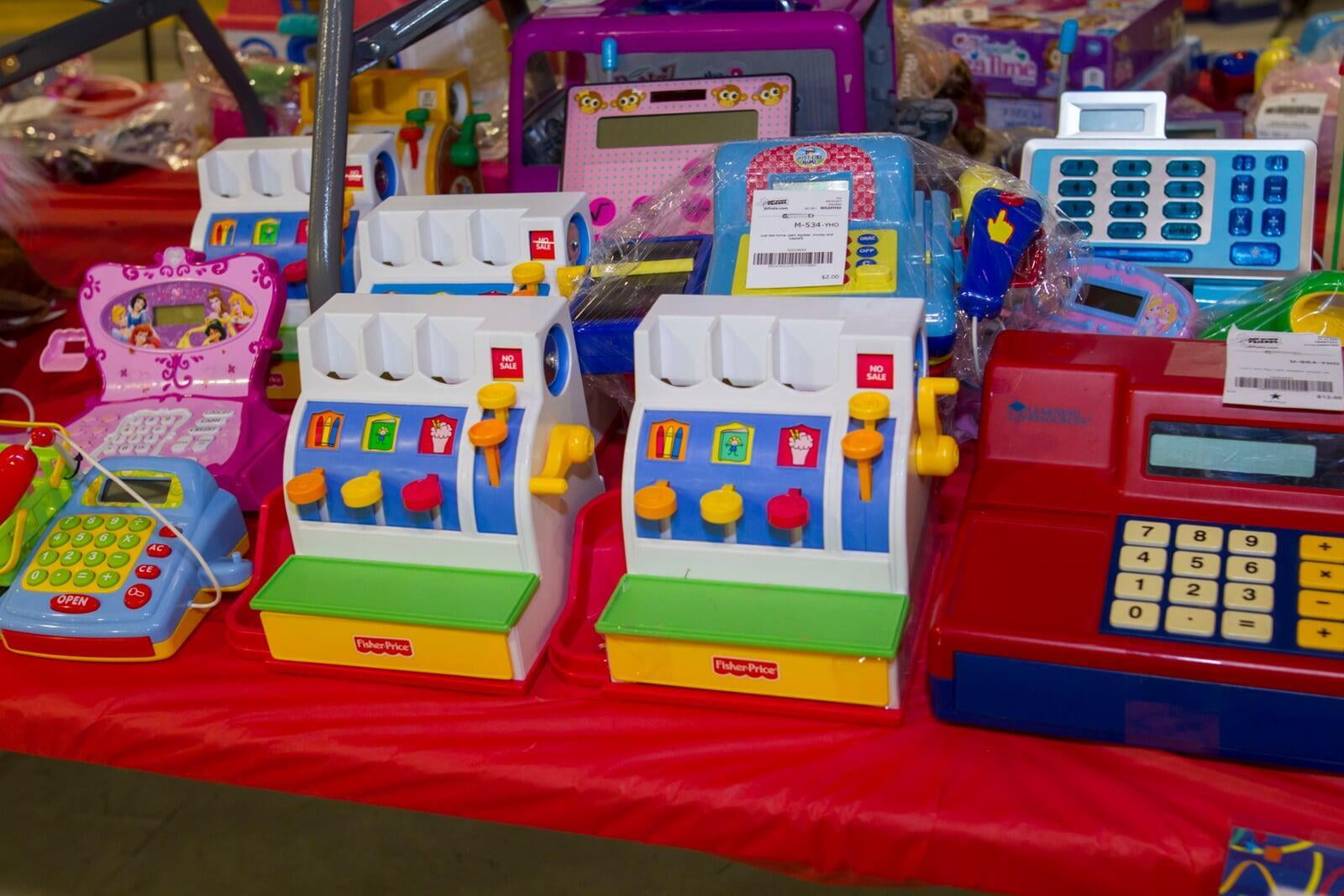 Toy cash registers on a table