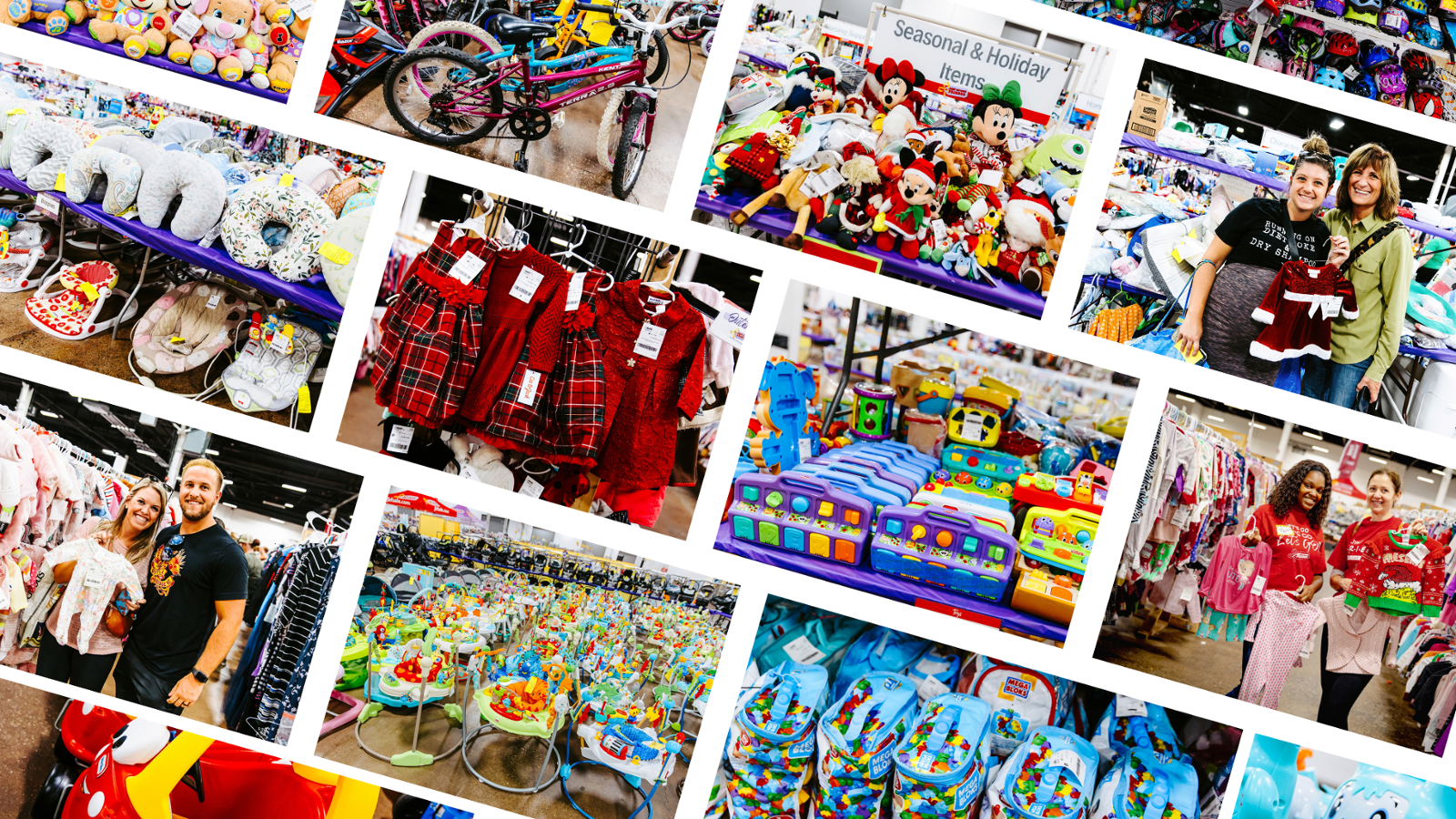 Picture of many pictures showing toys, people shopping, and baby equipment