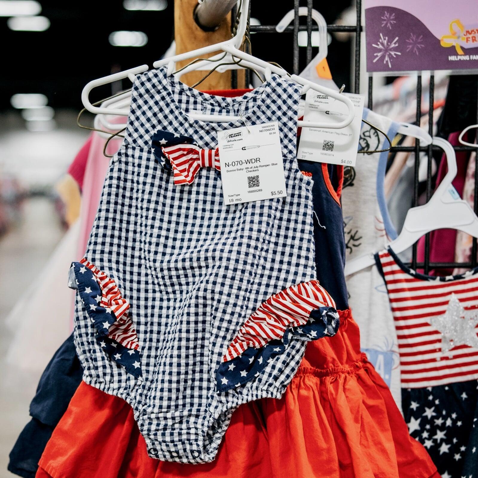 Blue and white checked toddler bathing suit with red and blue ruffles