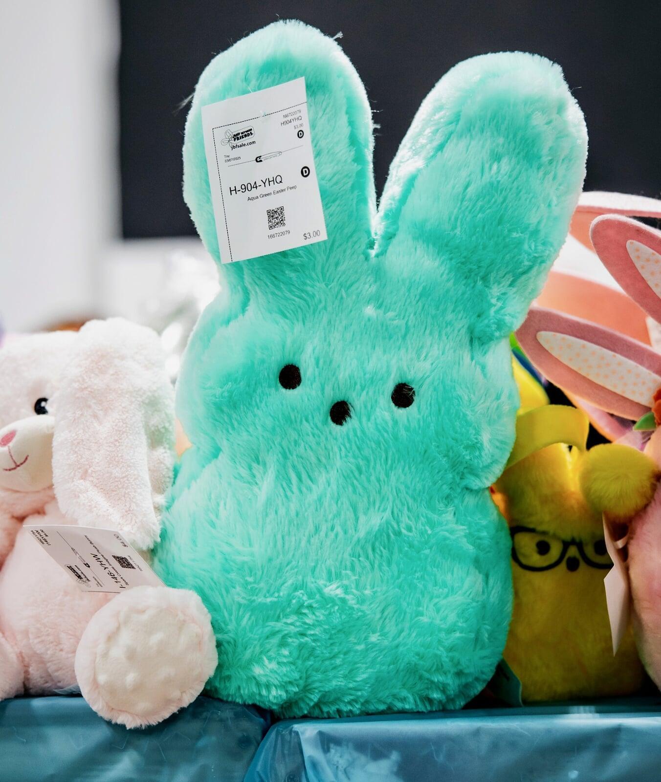 Mint green stuffed peep bunny sitting on a table